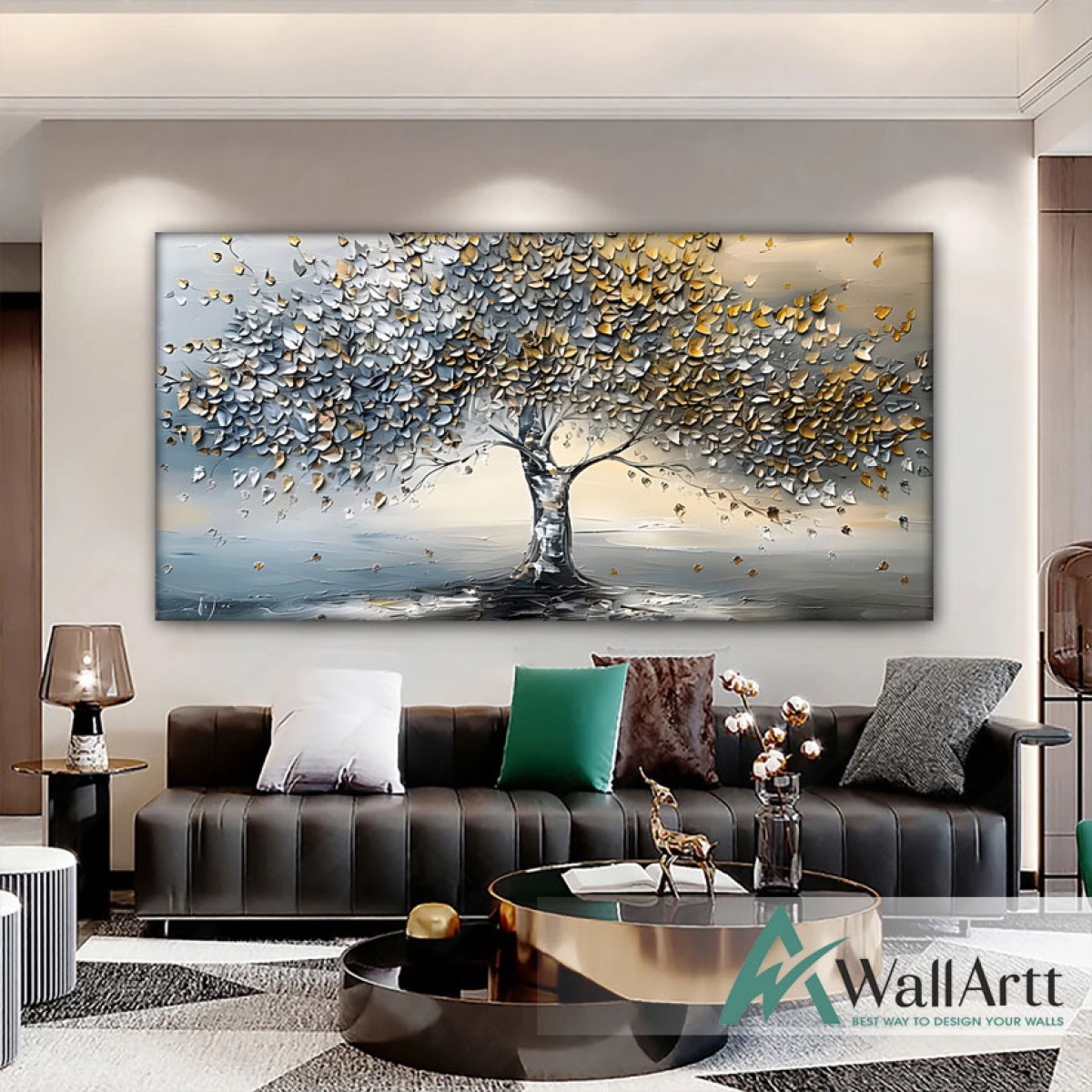 Yellow Grey Leaves 3d Heavy Textured Partial Oil Painting